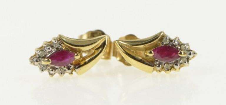 10K Yellow Gold Marquise Ruby Diamond Accent Vintage Earrings