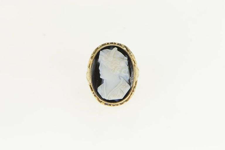 10K Yellow Gold Black White Onyx Stone Cameo Vintage Ring