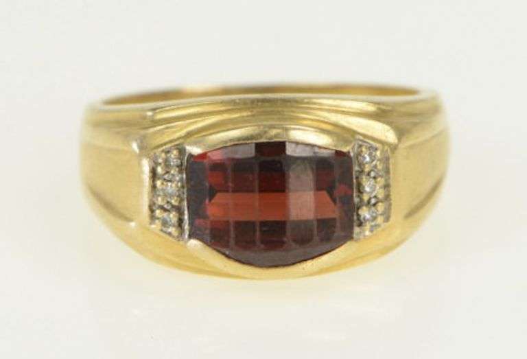14K Yellow Gold Faceted Garnet Diamond Accent Men's Ring
