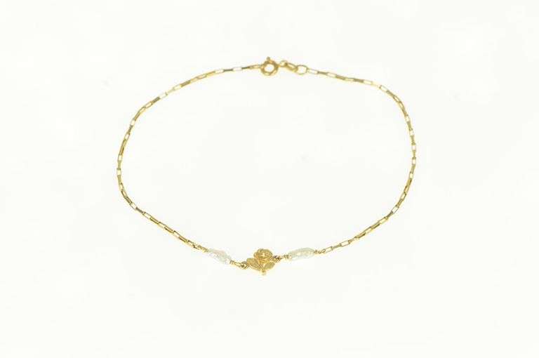 14K Yellow Gold Pearl Diamond Cut Rose Flower Chain Bracelet