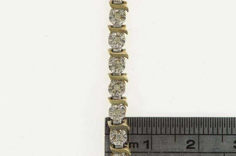 10K Yellow Gold Wavy Link Simple Diamond Tennis Bracelet