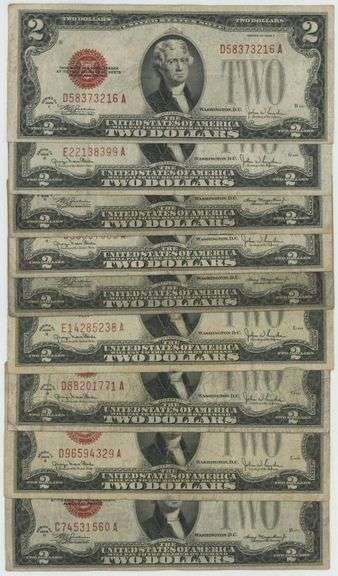 9 Series of 1928 $2 Red Seal Notes in collectible circulated conditions