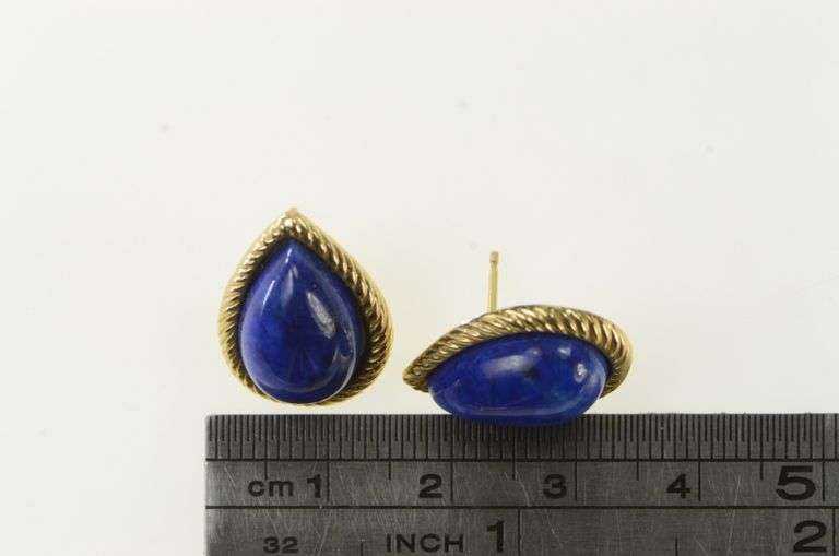 14K Yellow Gold Pear Lapis Lazuli Tear Drop Cabochon Retro Earrings