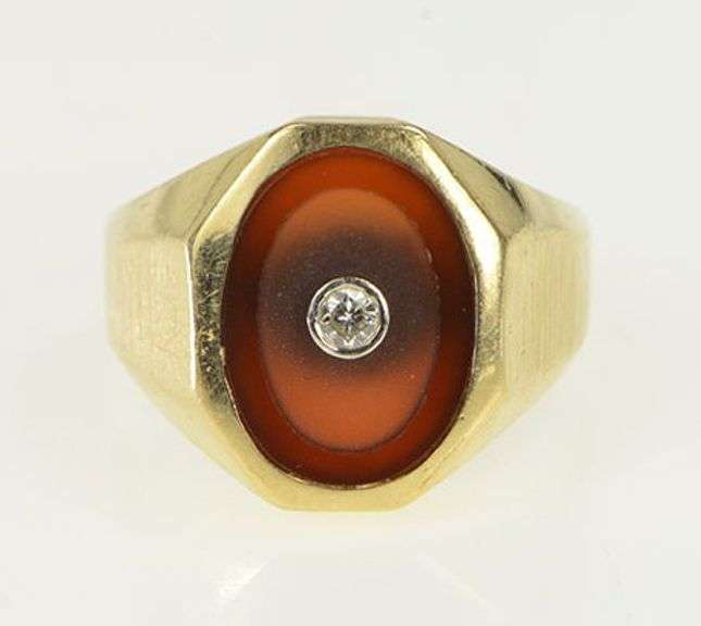 14K Yellow Gold Oval Carved Carnelian Diamond Vintage Men's Ring