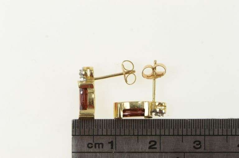 10K Yellow Gold Oval Garnet Diamond Accent Vintage Stud Earrings