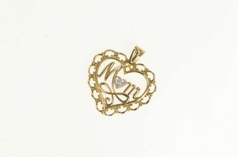 10K Yellow Gold Mom Filigree Heart Diamond Mother's Day Charm/Pendant