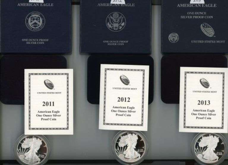 Original Gem Proof 2011, 2012, & 2013 $1 Silver Eagles. Box/COA