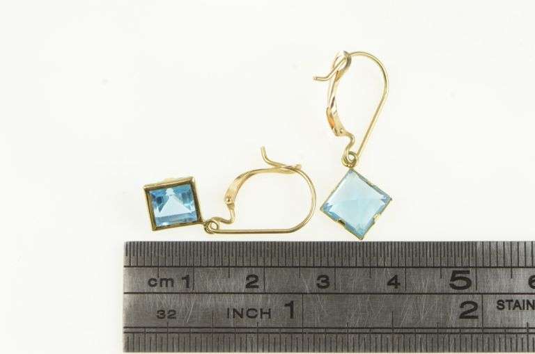 14K Yellow Gold Princess Blue Topaz Dangle Lever Back Earrings