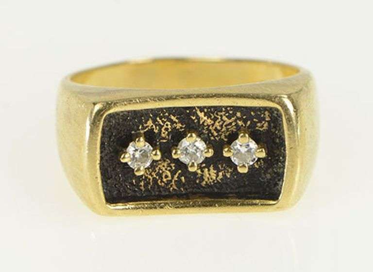 14K Yellow Gold Squared Diamond Inset Vintage Statement Band Ring