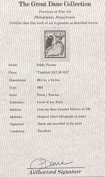 Very Collectible Pablo Picasso Lithograph from Toros y Toreros Circa 1961