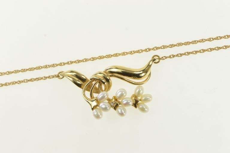 14K Yellow Gold Ornate Vintage Pearl Diamond Swirl Branch Necklace