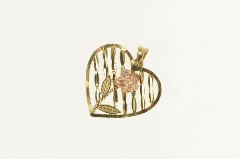 10K Yellow Gold Rose Flower Diamond Cut Striped Heart Charm/Pendant
