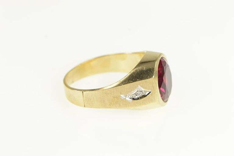 10K Yellow Gold Simulated Ruby Diamond Vintage Men's Ring