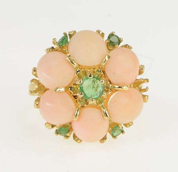 14K Yellow Gold 1960's Coral Emerald Vintage Domed Cocktail Ring