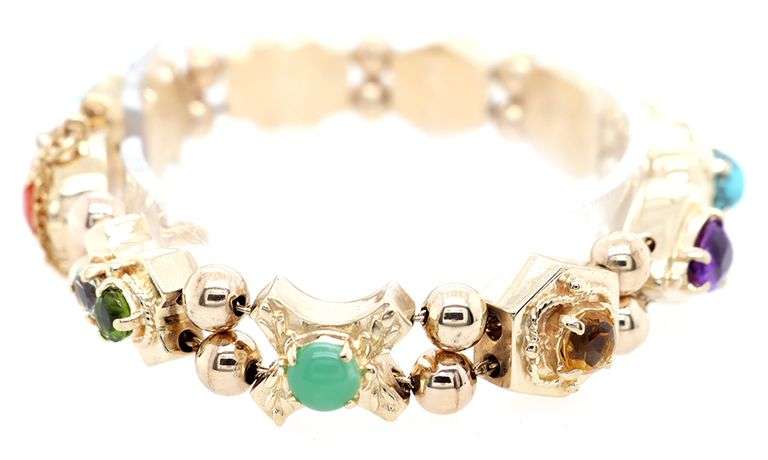 Multi-Gemstone Slide Station Charm Bracelet in 14K