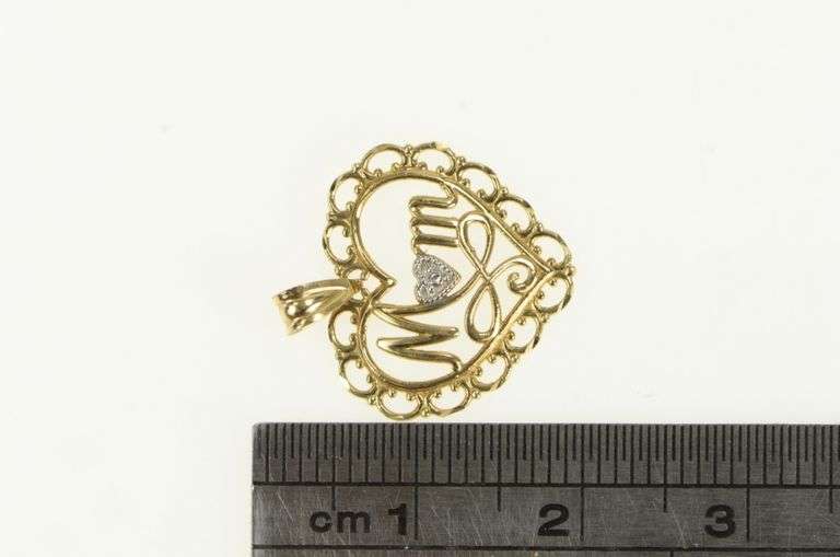 10K Yellow Gold Mom Filigree Heart Diamond Mother's Day Charm/Pendant