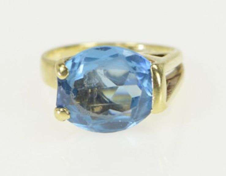 14K Yellow Gold Oval Blue Topaz Retro Freeform Statement Ring