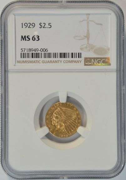 Very Choice BU 1929 US $2.50 Indian Gold Piece. NGC MS63