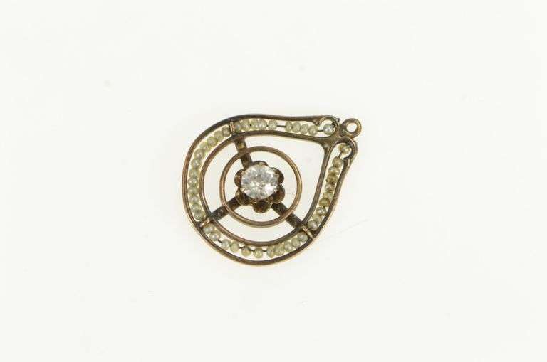 10K Yellow Gold Victorian Pearl White Sapphire Tear Drop Charm/Pendant