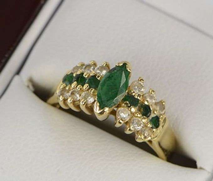14K Yellow Gold Marquise Emerald Diamond Vintage Engagement Ring