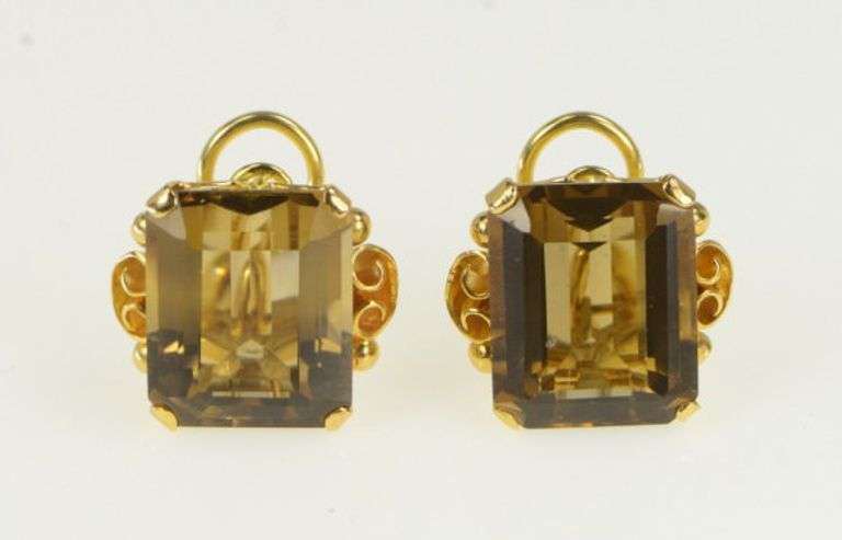 14K Yellow Gold Emerald Cut Smoky Quartz Clip Back Earrings