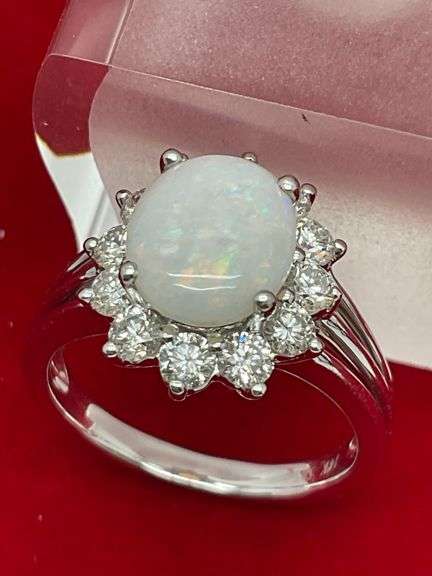 CERTIFIED BRAND NEW 14K WHITE GOLD DIAMOND AND OPAL RING
