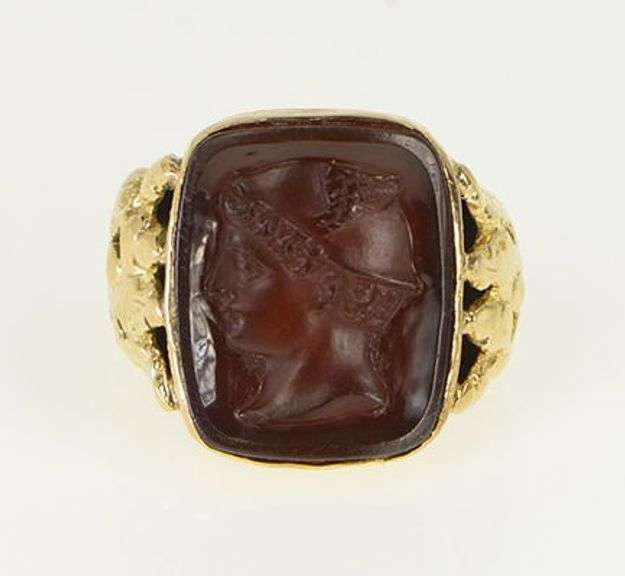 14K Yellow Gold Carved Greek Hermes Carnelian Ornate Ring