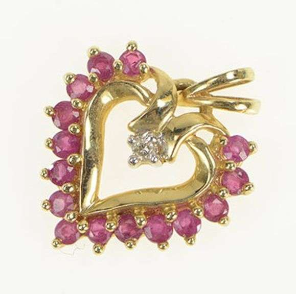 10K Yellow Gold Ruby Diamond Heart Love Symbol Classic Pendant
