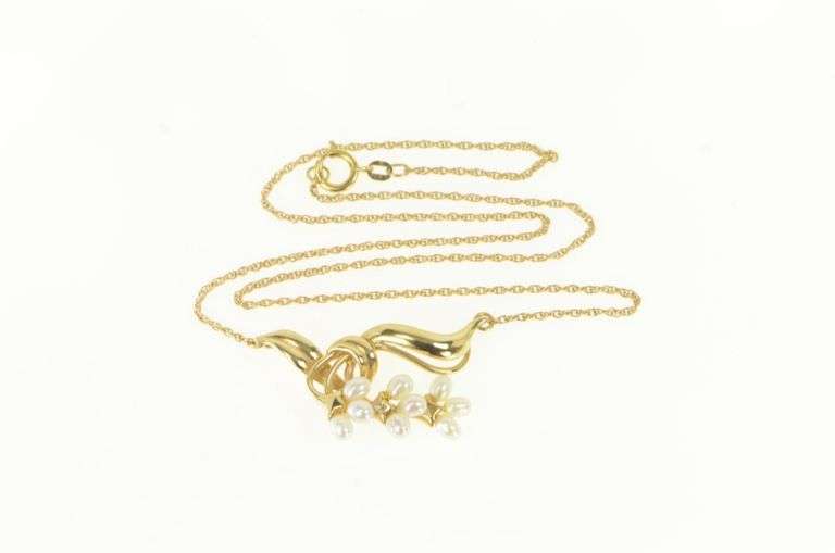 14K Yellow Gold Ornate Vintage Pearl Diamond Swirl Branch Necklace