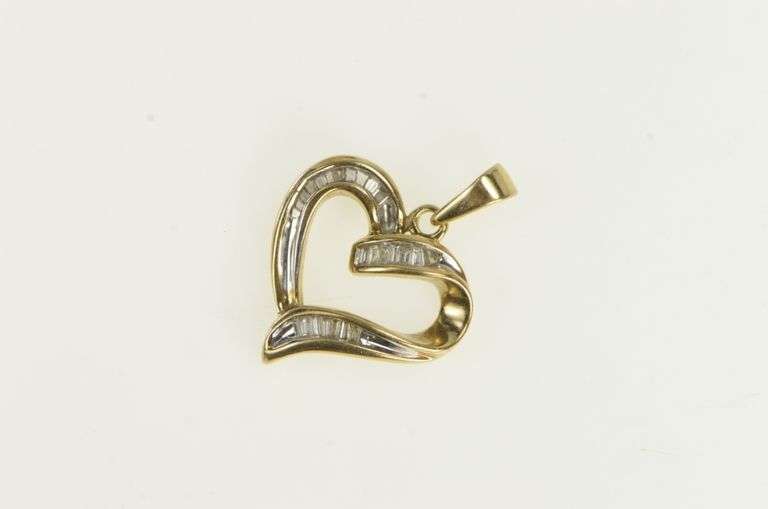 10K Yellow Gold Baguette Diamond Wavy Curvy Heart Pendant