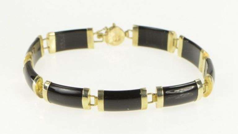 10K Yellow Gold Carved Black Onyx Bar Link Vintage Chinese Bracelet