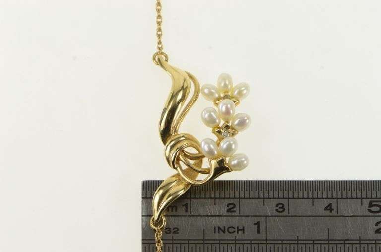 14K Yellow Gold Ornate Vintage Pearl Diamond Swirl Branch Necklace