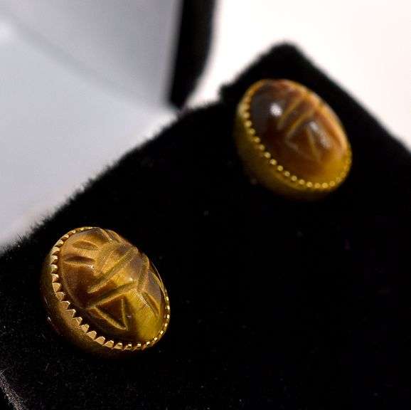 Vintage Tigers Eye Scarab Stud Earrings in 14K Yellow Gold