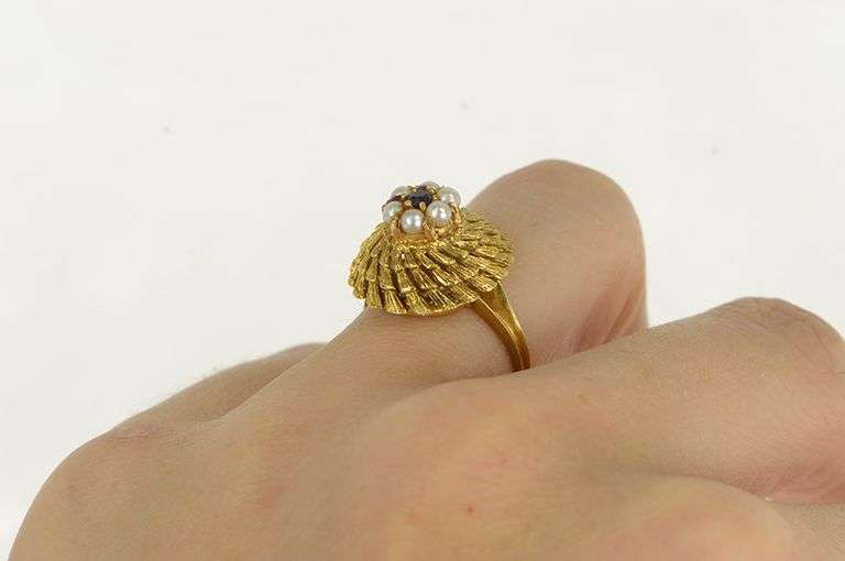 18K Yellow Gold 1960's Seed Pearl Sapphire Swirl Cocktail Ring