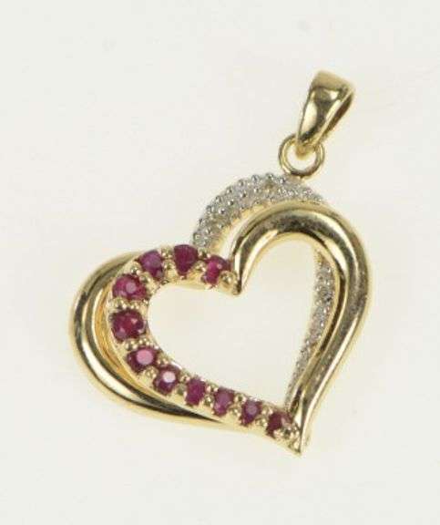 10K Yellow Gold Ruby Diamond Interlocking Heart Love Symbol Pendant