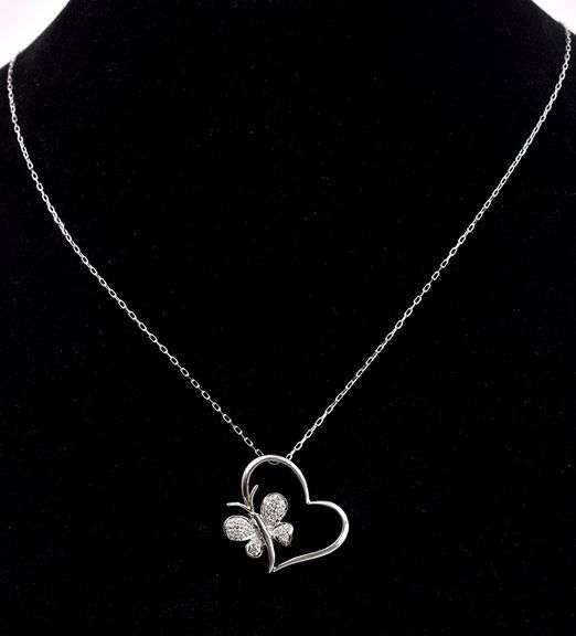 Adorable Heart and Butterfly Pendant Necklace in White Gold