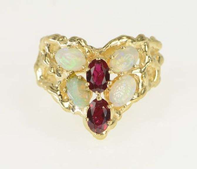 14K Yellow Gold Retro Ruby Opal Cluster Chevron Statement Ring