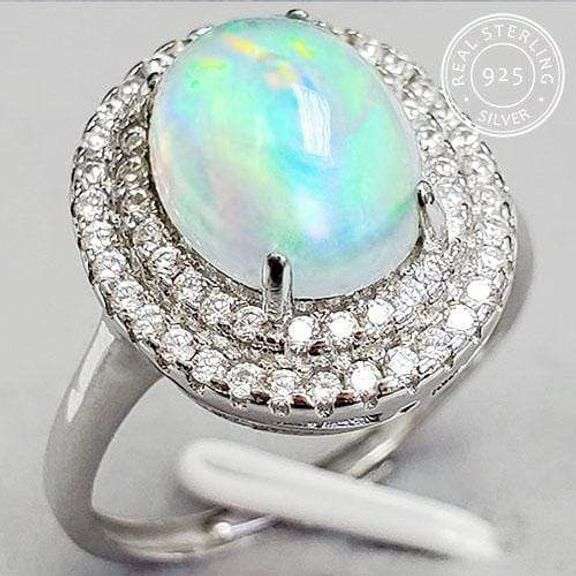 2.50 CT ETHIOPIAN OPAL & CREATED WHITE SAPPHIRE STERLING SILVER RING ADJUSTABLE RING