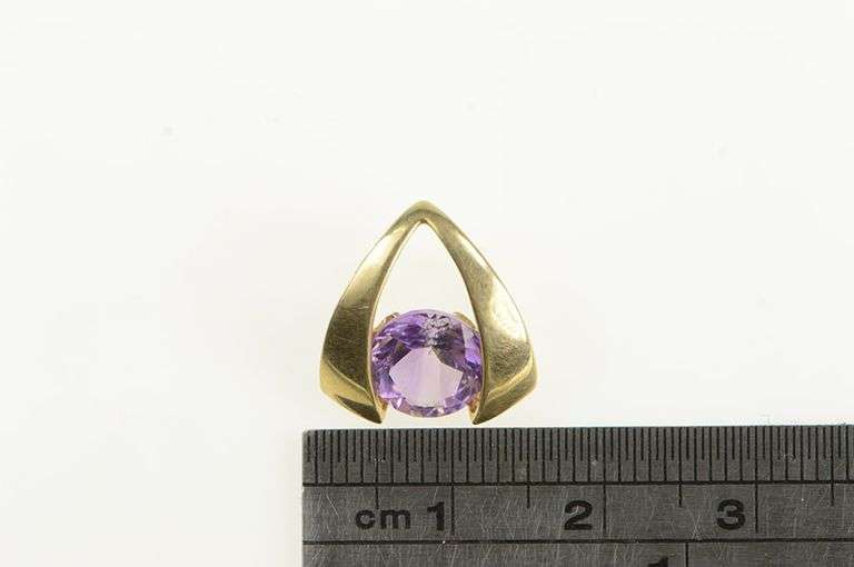 14K Yellow Gold Round Amethyst Tension Geometric Triangle Pendant