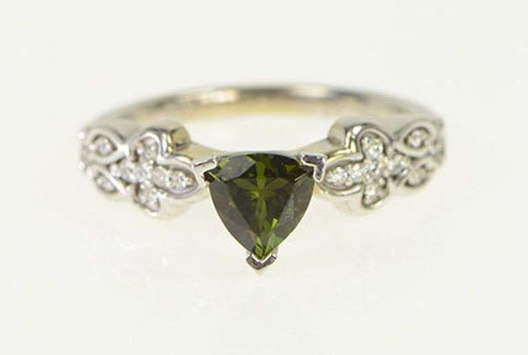 14K White Gold Trillion Green Tourmaline Diamond Engagement Ring