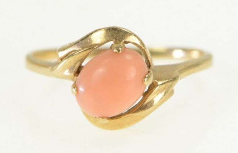 10K Yellow Gold Coral Cabochon Vintage Bypass Statement Ring