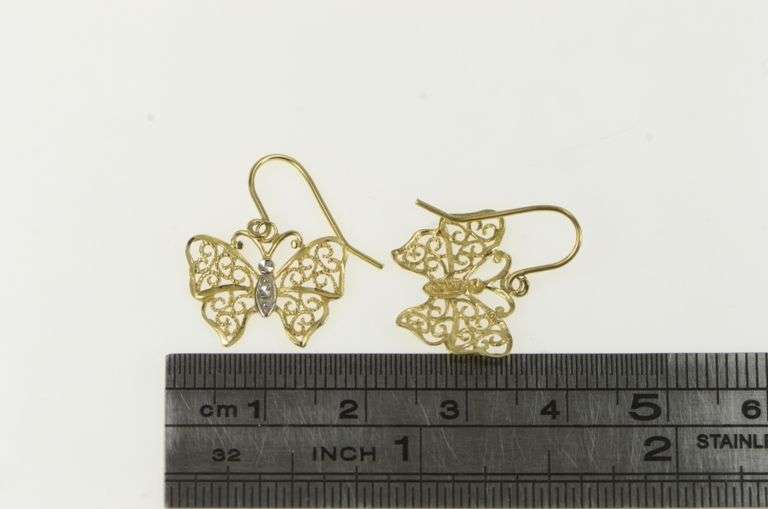 10K Yellow Gold Filigree Butterfly Dangle Beauty Symbol Earrings