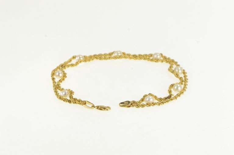 10K Yellow Gold Pearl Rope Woven Chain Vintage Retro Bracelet