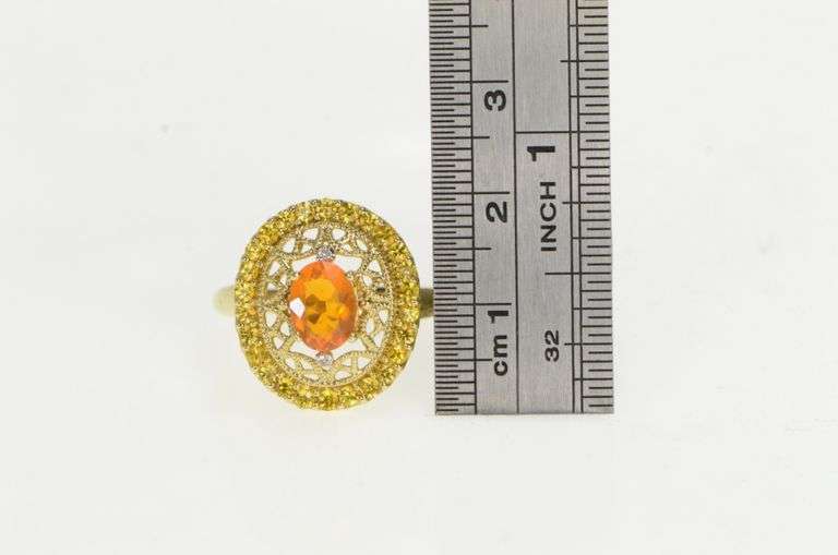 10K Yellow Gold Simulated Mexican Fire Opal Yellow Topaz Halo Ring