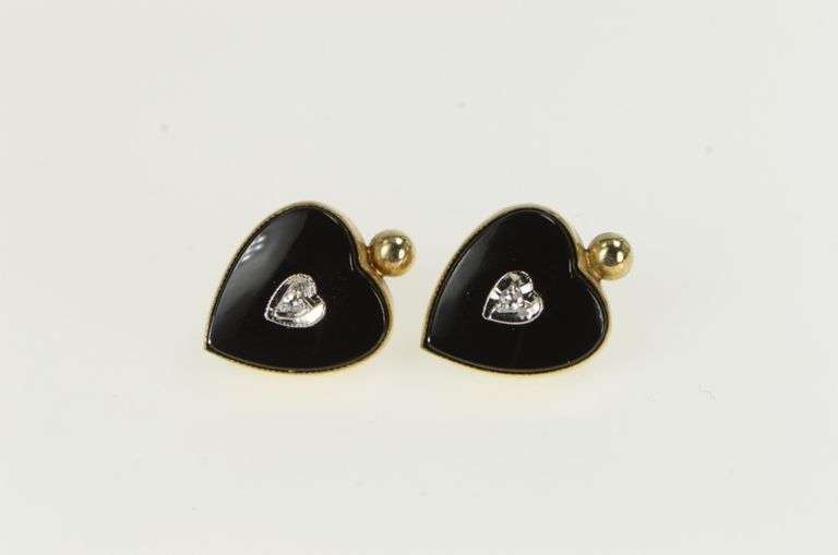 10K Yellow Gold 1940's Black Onyx Diamond Heart Love Stud Earrings