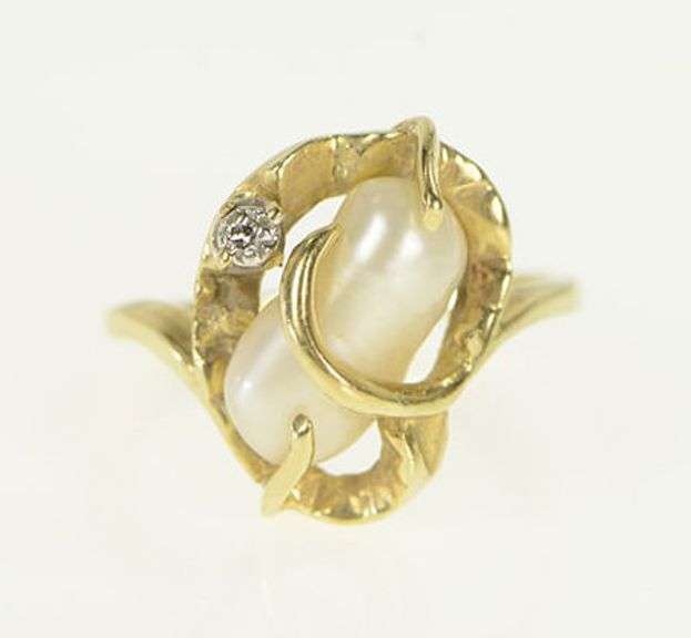 14K Yellow Gold Retro Ornate Pearl Diamond Accent Abstract Ring