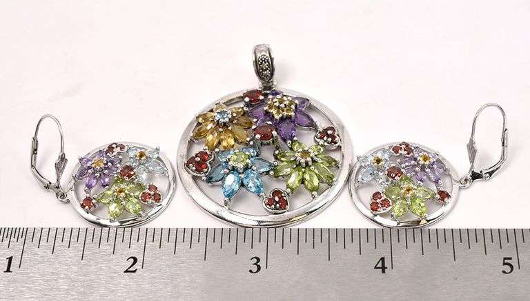 Multi-Gem Pendant and Earrings in Sterling Silver