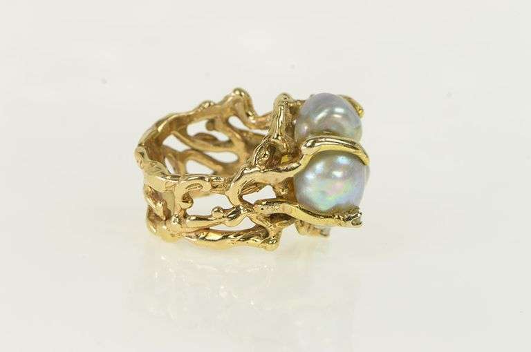 14K Yellow Gold Ornate Blue Pearl Diamond Birds Nest Cluster Ring