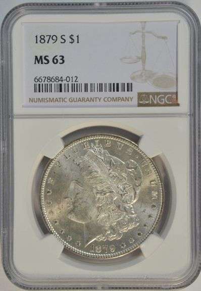 Frosty-white Choice BU 1879-S Morgan Silver Dollar. NGC MS63