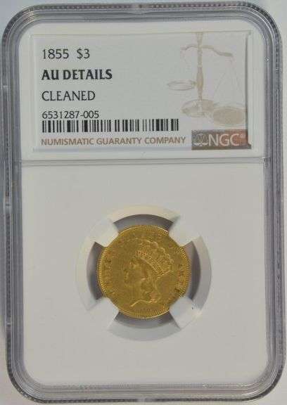 Super Rare 1855 $3 Gold Piece in Near Mint. NGC AU Details